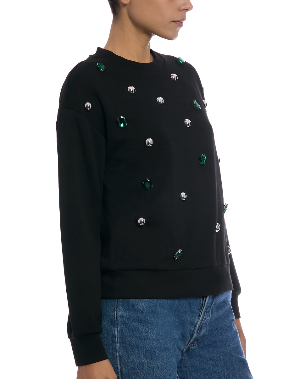 Jeweled Sweatshirt in Black, side view, three-quarter