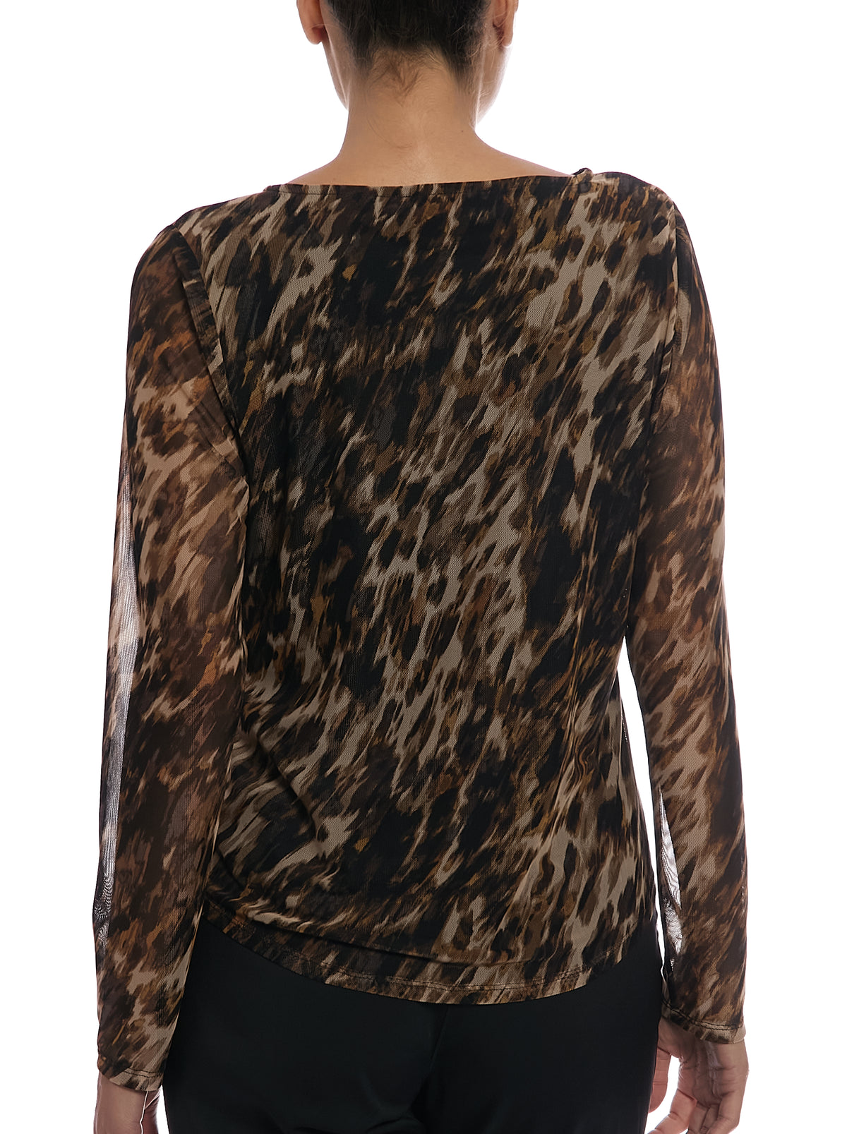 Asymmetrical Neck Mesh Top in Black/Brown Multi, back view