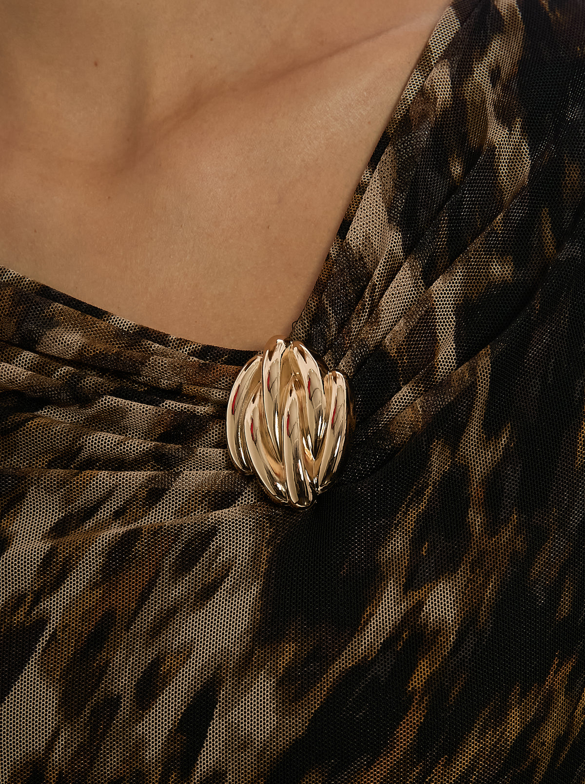 Asymmetrical Neck Mesh Top in Black/Brown Multi, brooch detail