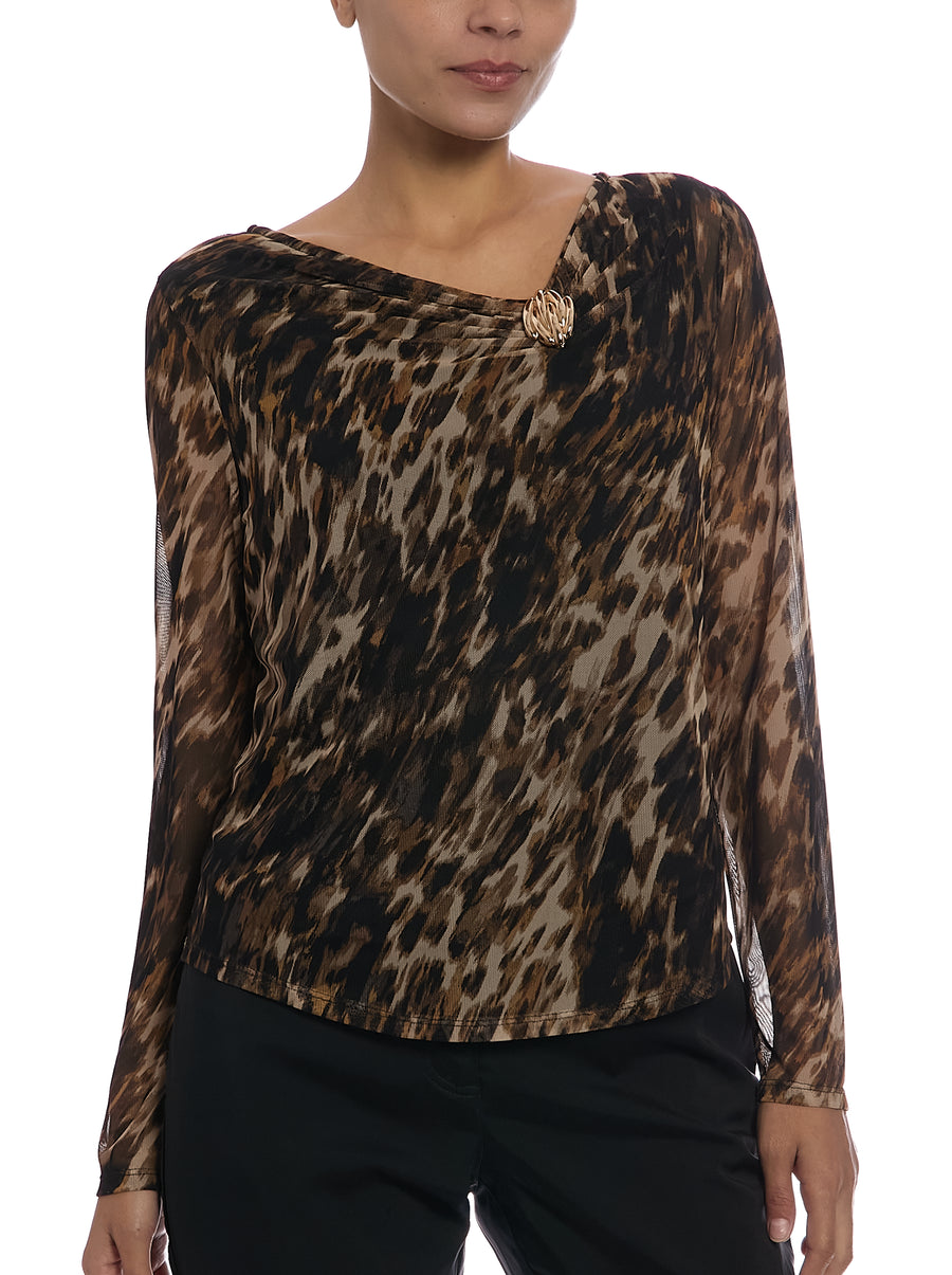Asymmetrical Neck Mesh Top in Black/Brown Multi, front view