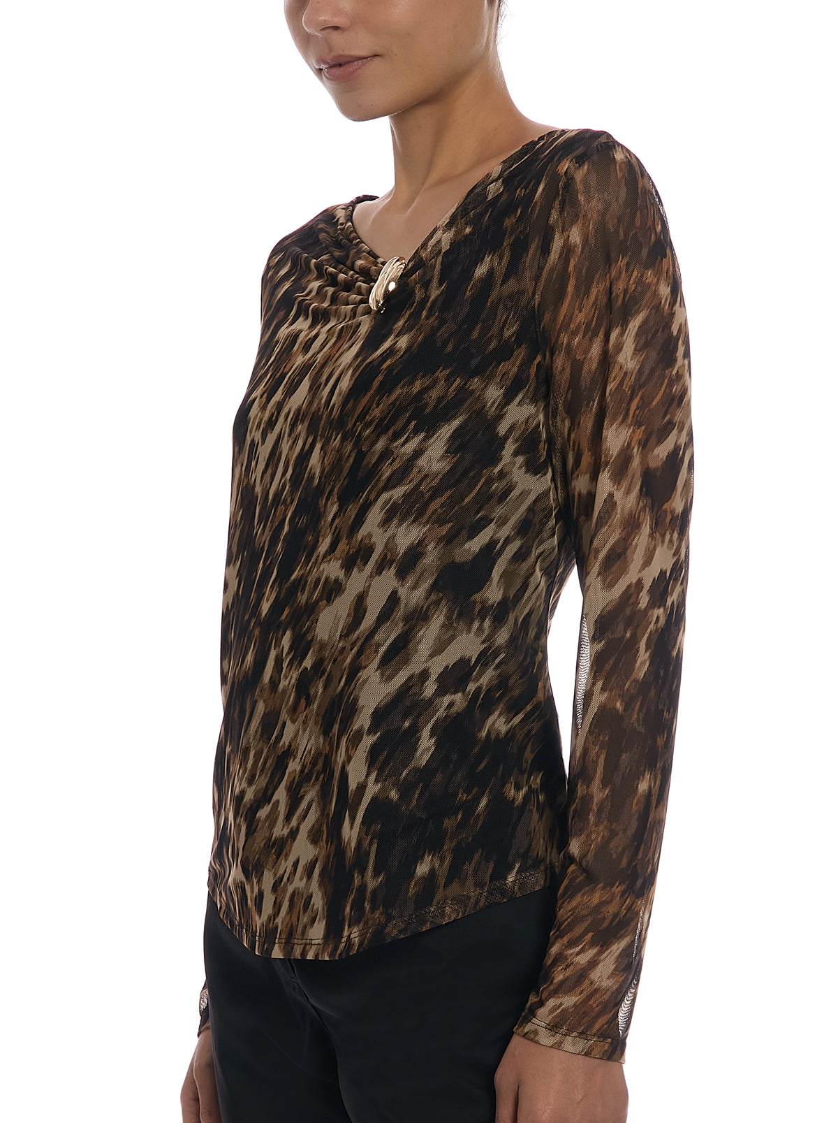 Asymmetrical Neck Mesh Top in Black/Brown Multi, side view, three-quarter