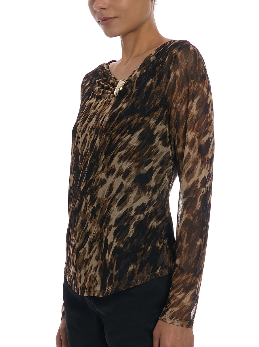 Asymmetrical Neck Mesh Top in Black/Brown Multi, side view, three-quarter