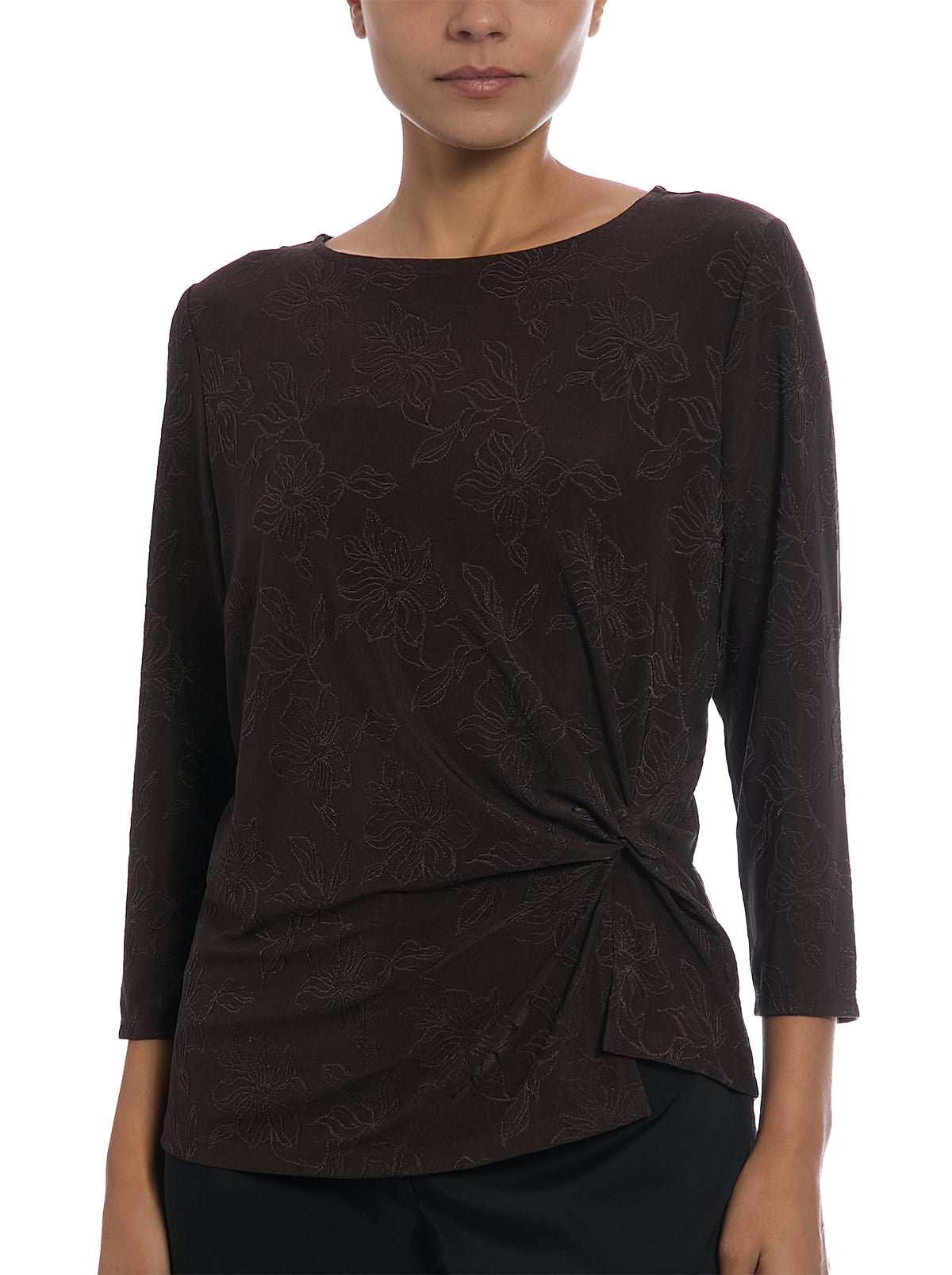 Three Quarter Sleeve Jacquard Top in Fudge Brown, front view