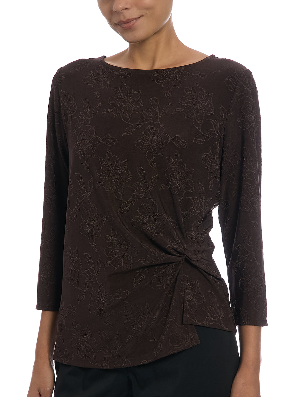Three Quarter Sleeve Jacquard Top in Fudge Brown, front view, three-quarter