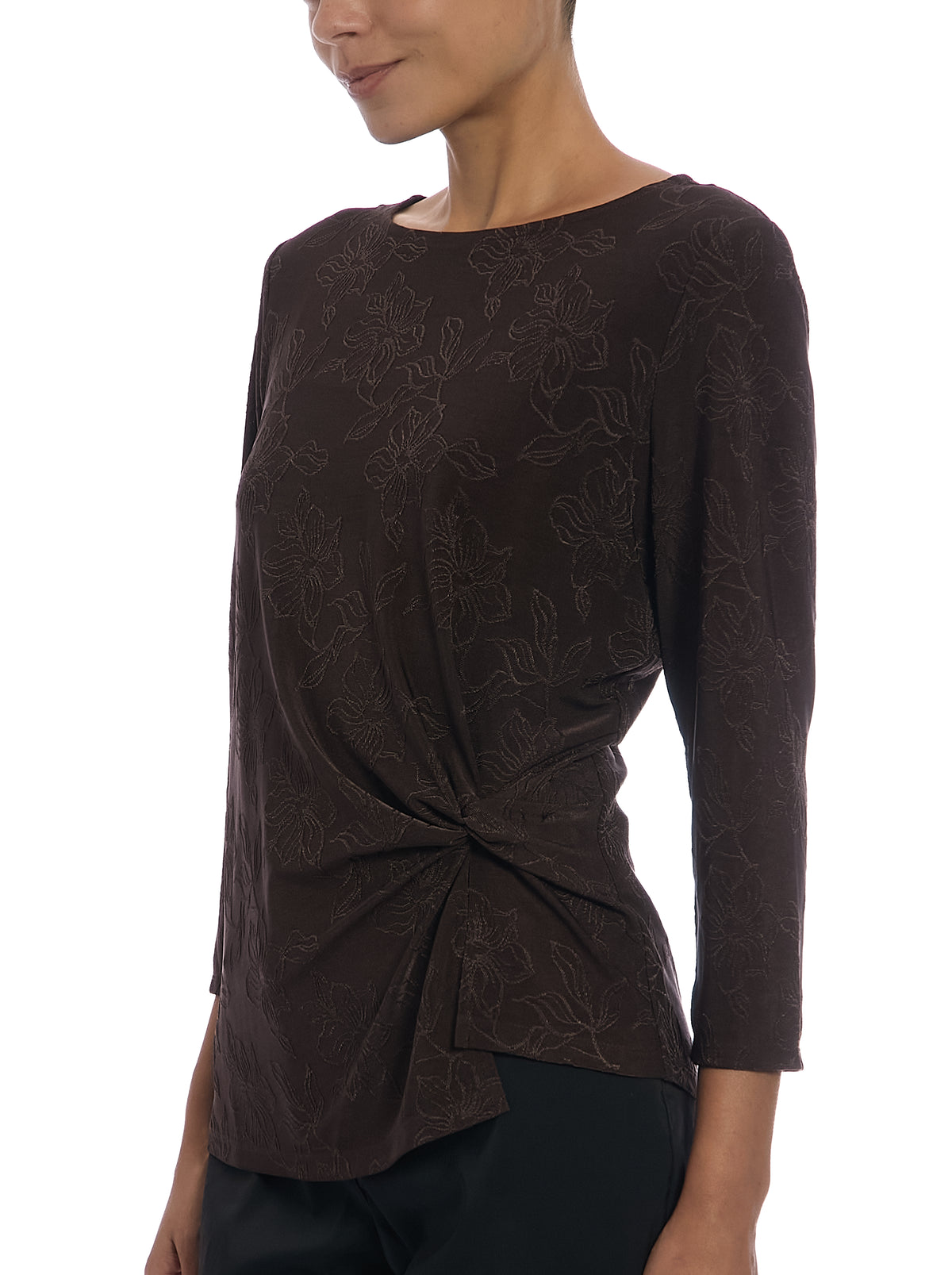 Three Quarter Sleeve Jacquard Top in Fudge Brown, side view, three-quarter