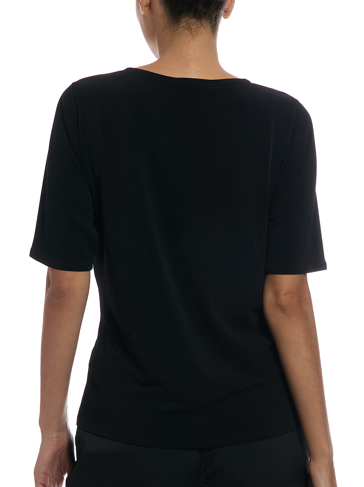 Boat Neck Top with Asymmetrical Waist Trim in Black, back view