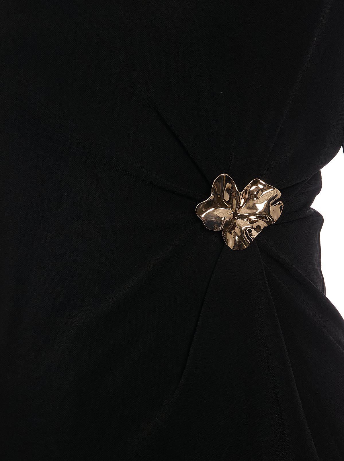 Boat Neck Top with Asymmetrical Waist Trim in Black, brooch detail