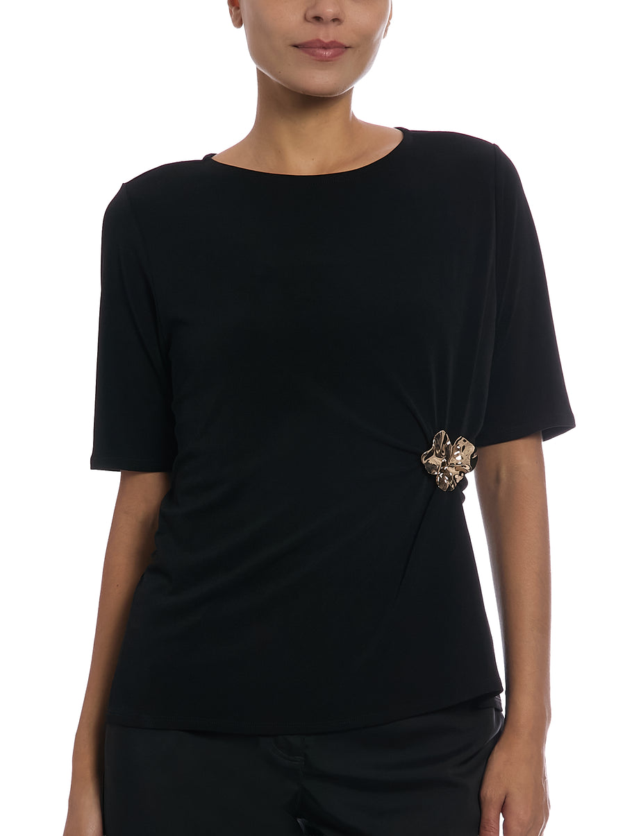 Boat Neck Top with Asymmetrical Waist Trim in Black, front view