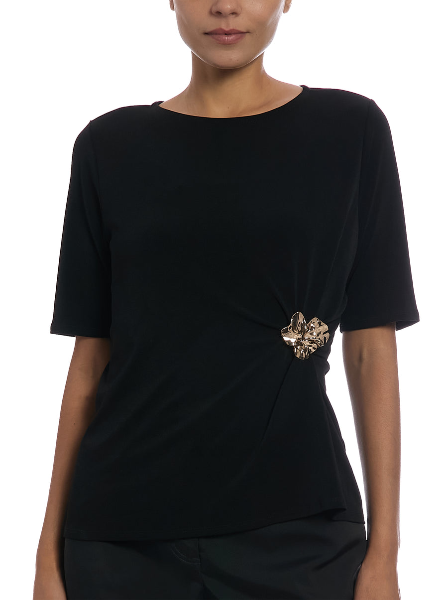 Boat Neck Top with Asymmetrical Waist Trim in Black, front view