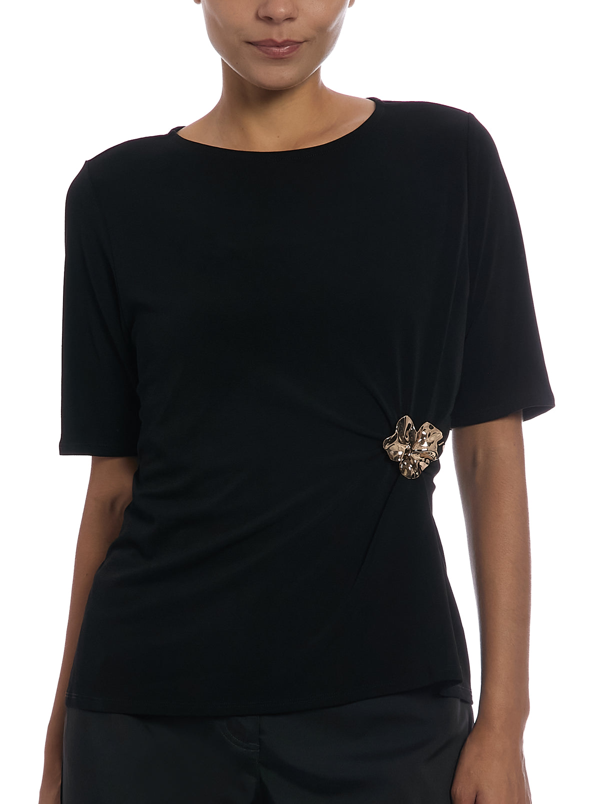 Boat Neck Top with Asymmetrical Waist Trim in Black, front view