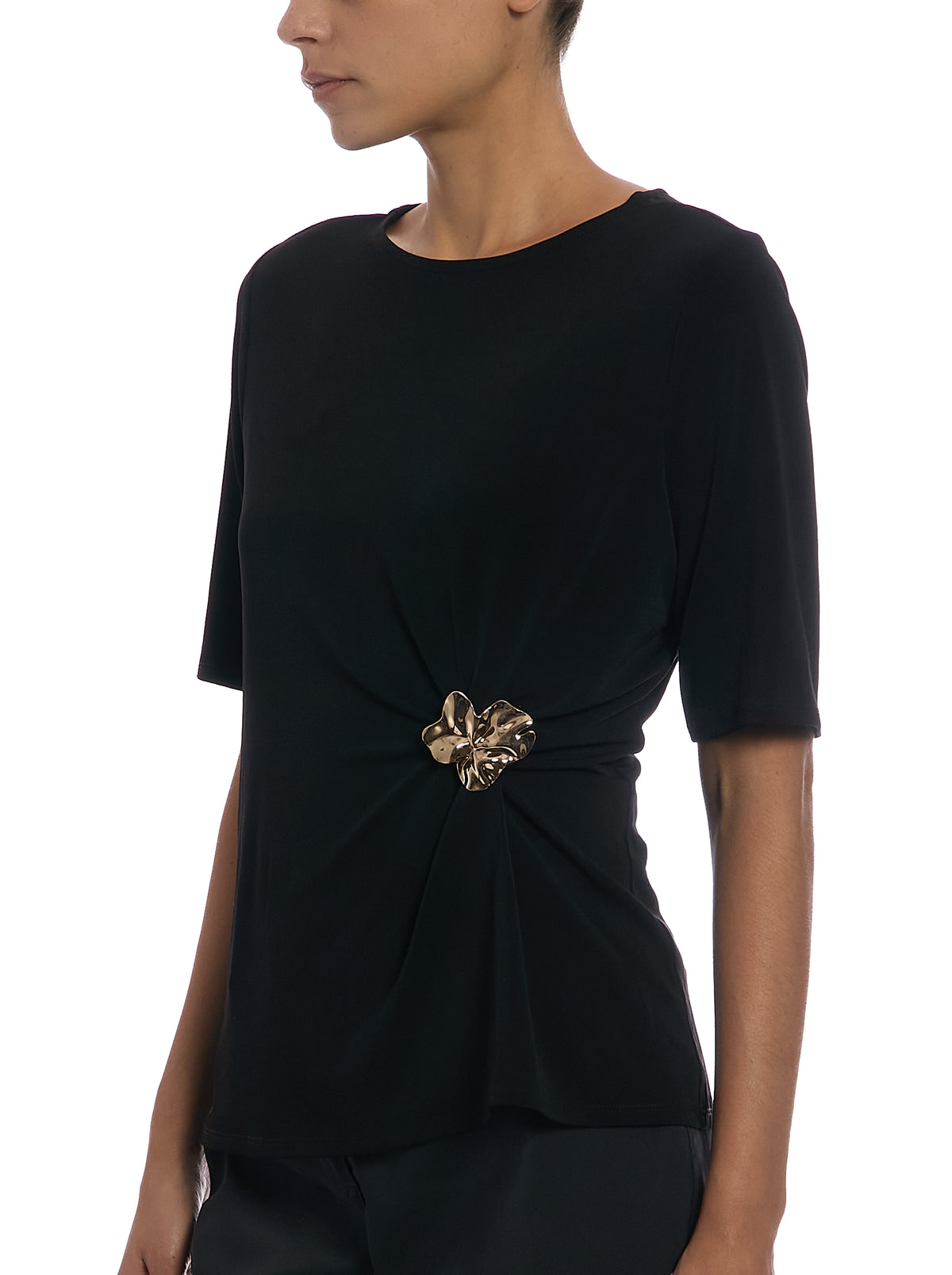 Boat Neck Top with Asymmetrical Waist Trim in Black, side view