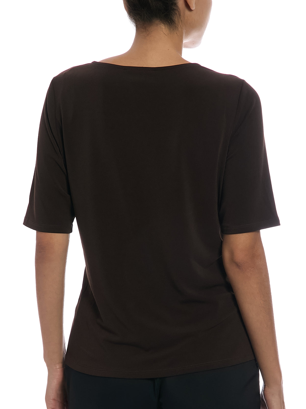 Boat Neck Top with Asymmetrical Waist Trim in Fudge Brown, back view
