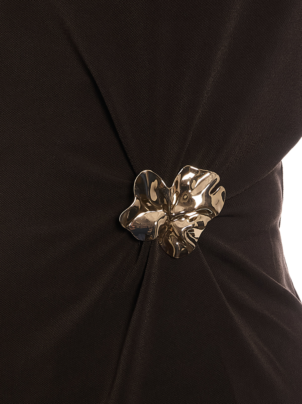 Boat Neck Top with Asymmetrical Waist Trim in Fudge Brown, brooch detail