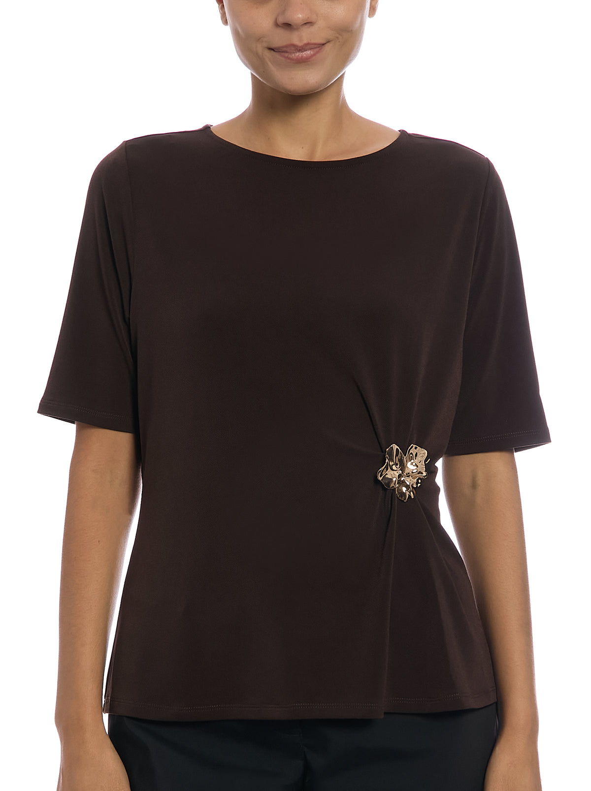 Boat Neck Top with Asymmetrical Waist Trim in Fudge Brown, front view