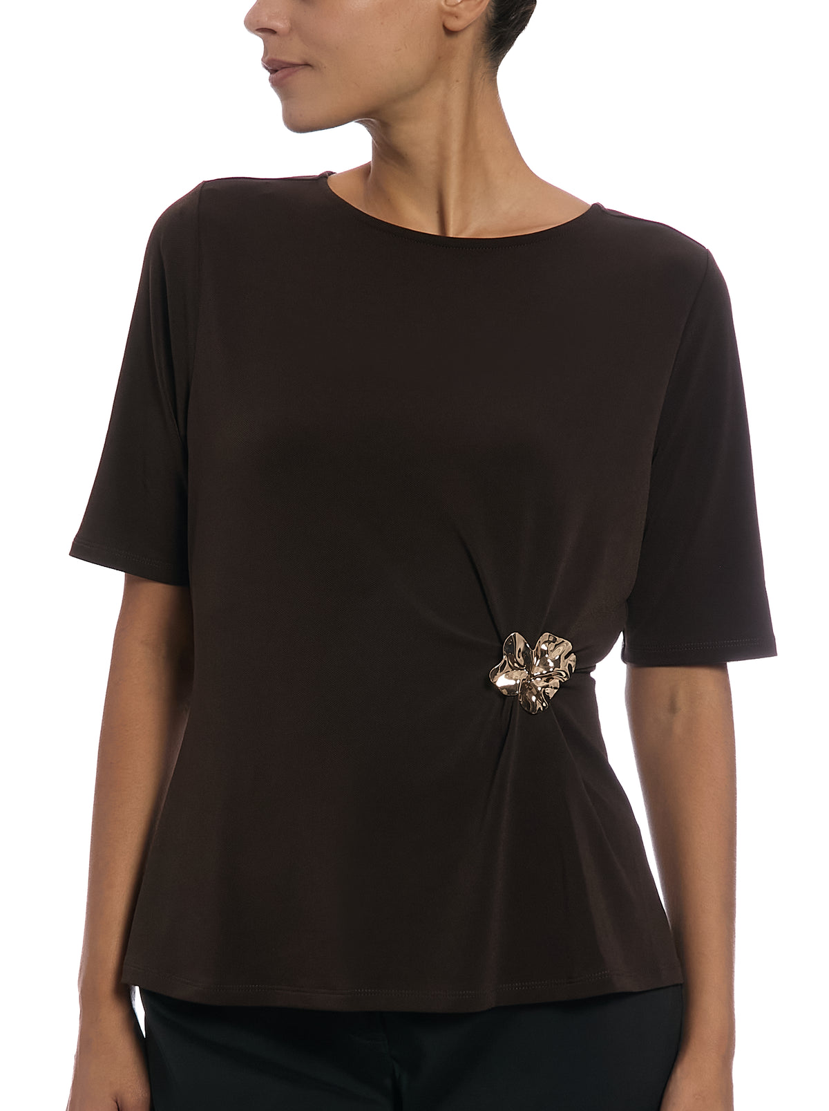 Boat Neck Top with Asymmetrical Waist Trim in Fudge Brown, front view, three-quarter