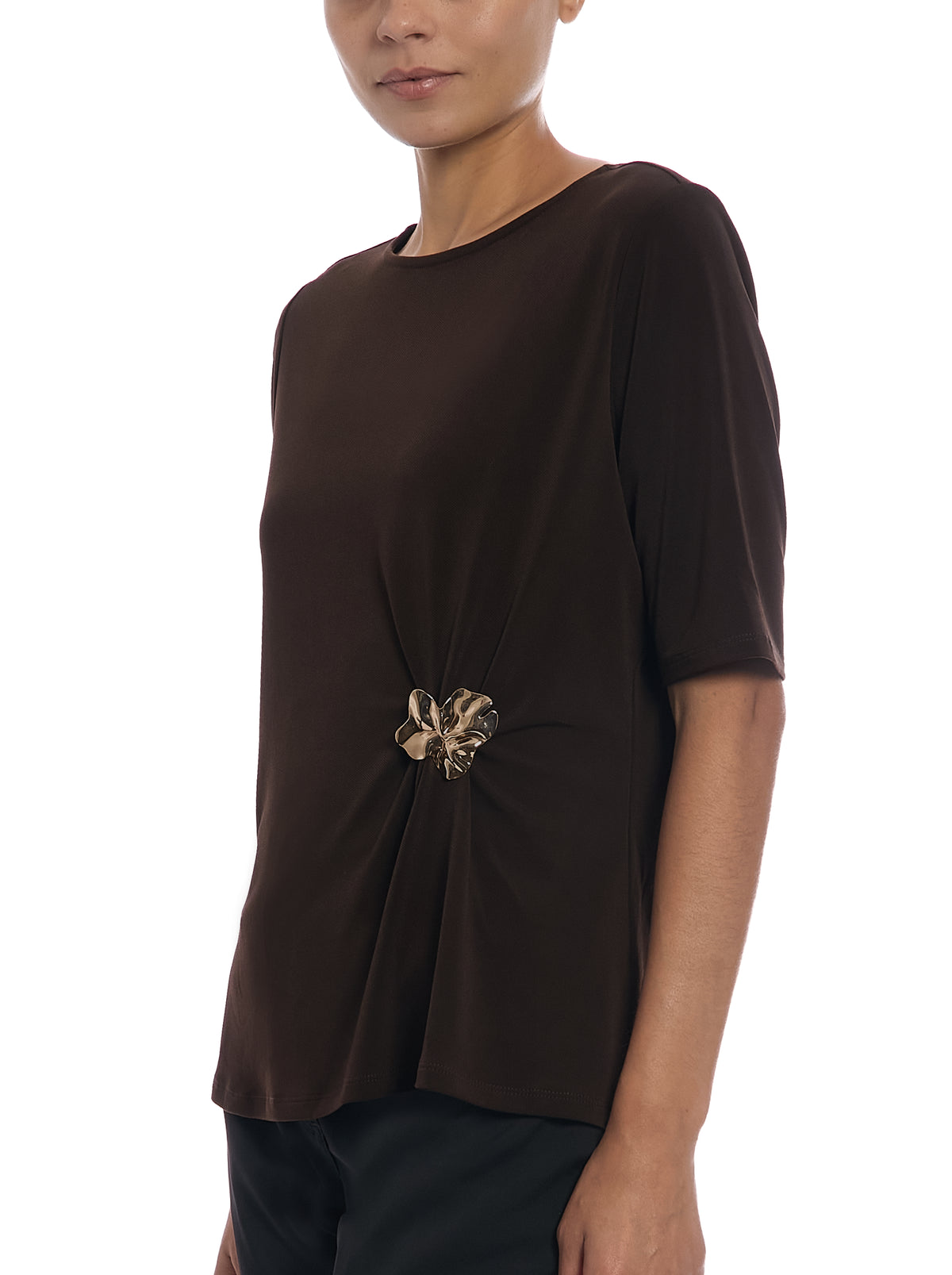 Boat Neck Top with Asymmetrical Waist Trim in Fudge Brown, side view, three-quarter