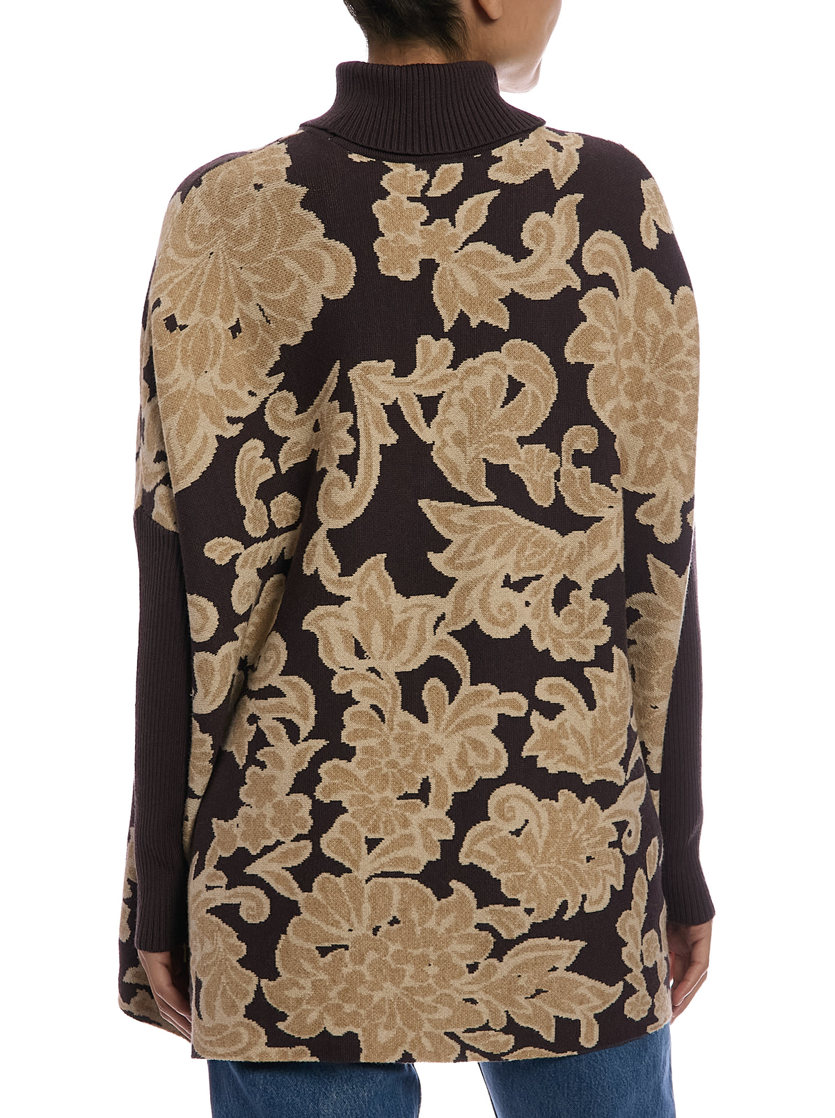 Jacquard Paisley Turtleneck Poncho in Paisley Chocolate, back view