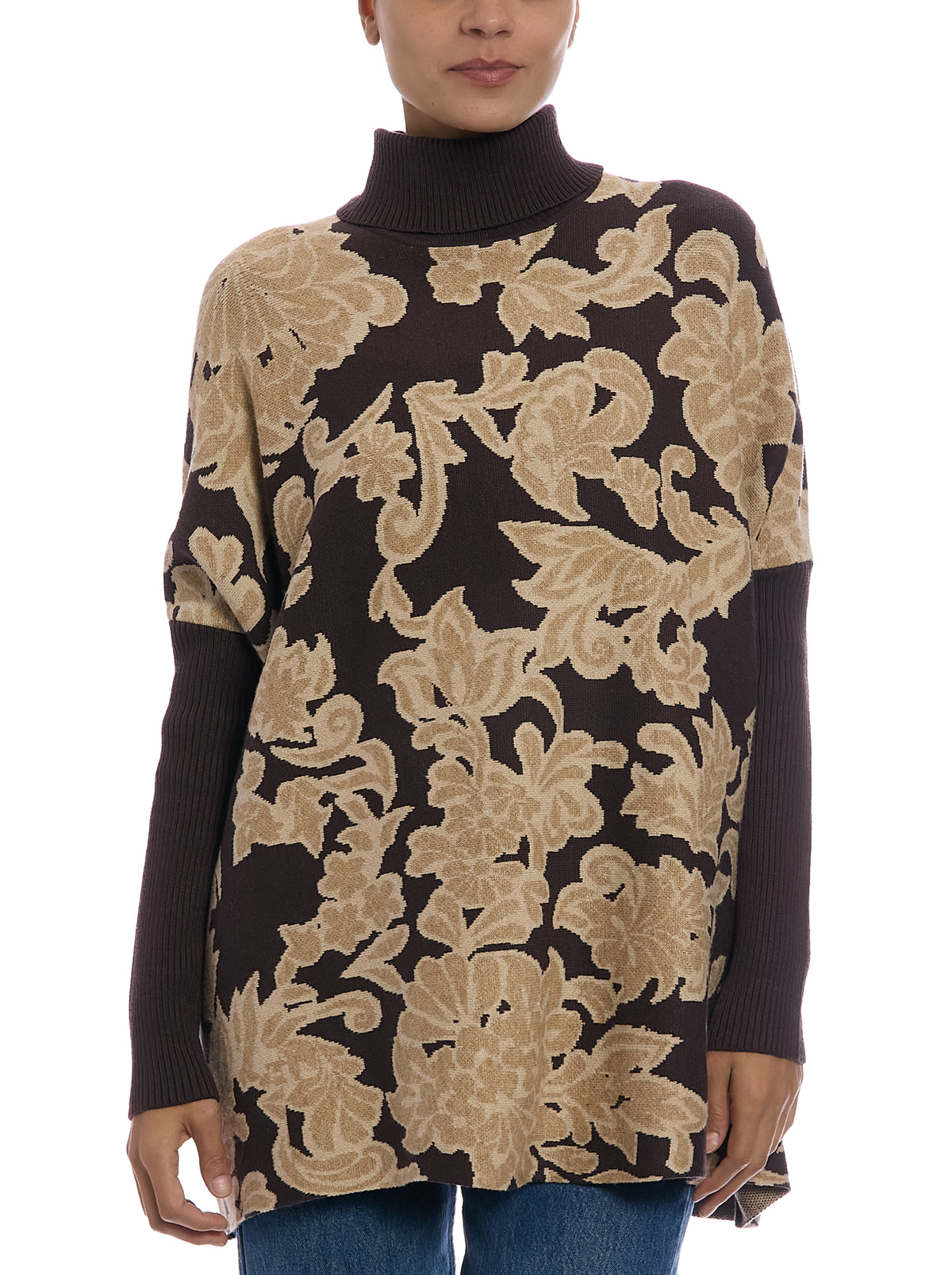 Jacquard Paisley Turtleneck Poncho in Paisley Chocolate, front view