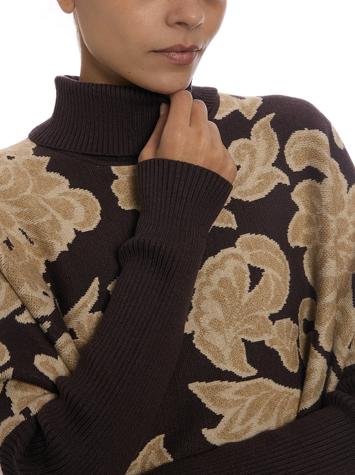 Jacquard Paisley Turtleneck Poncho in Paisley Chocolate, neckline pattern detail