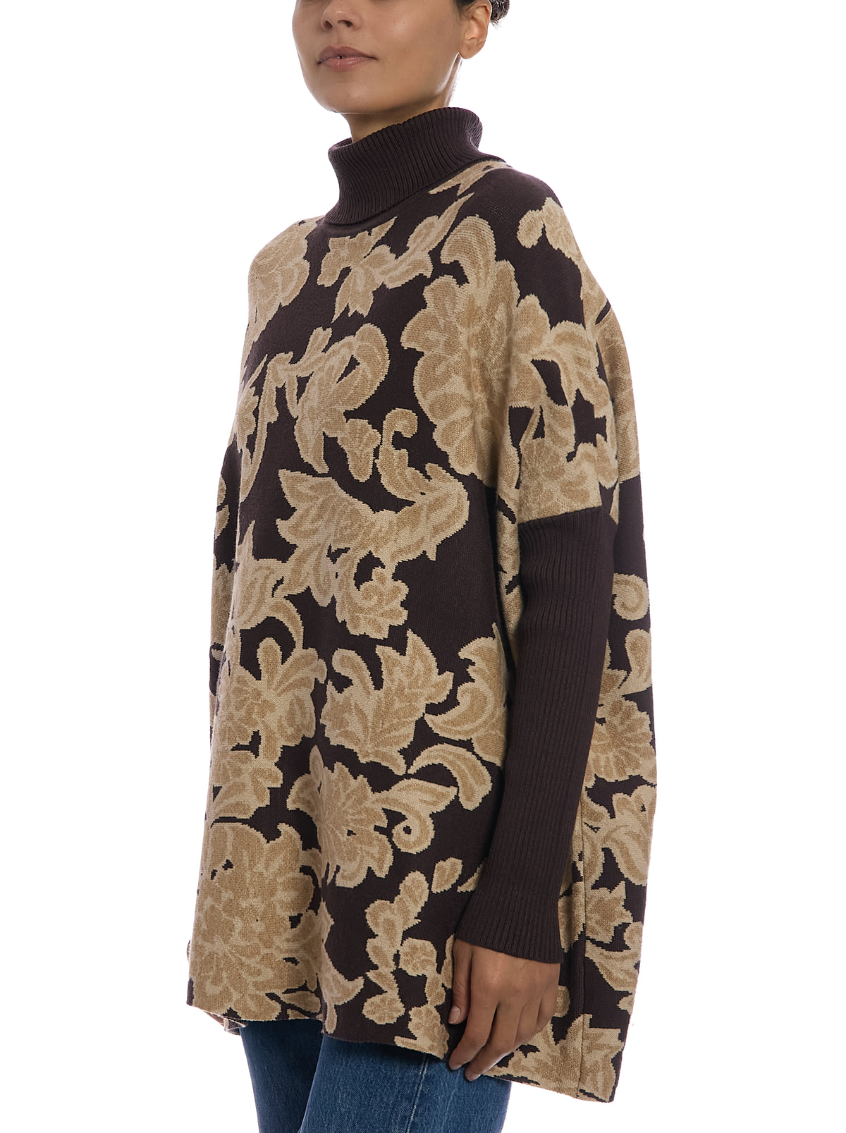 Jacquard Paisley Turtleneck Poncho in Paisley Chocolate, side view, three-quarter