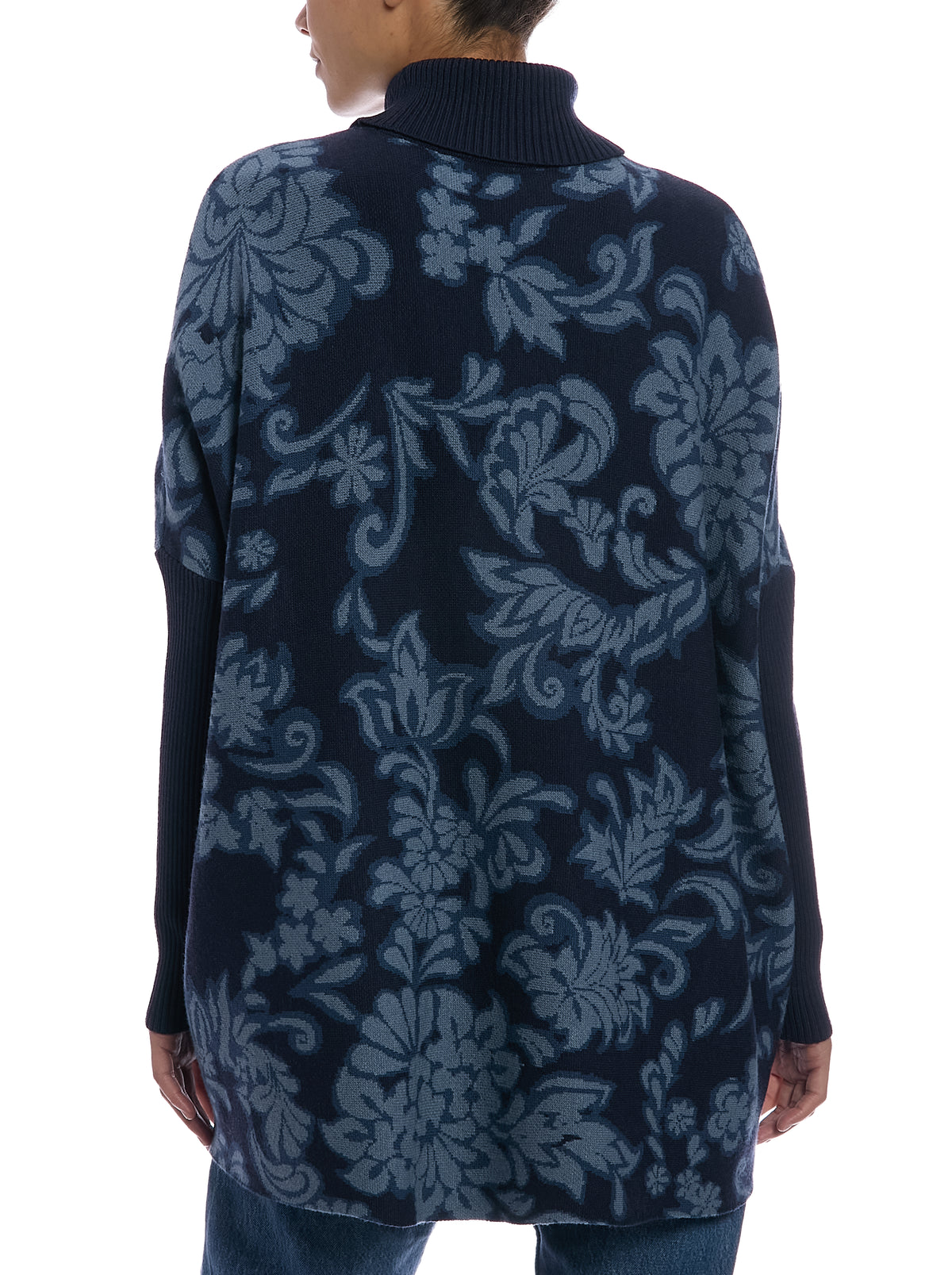 Jacquard Paisley Turtleneck Poncho in Paisley Denim, back view