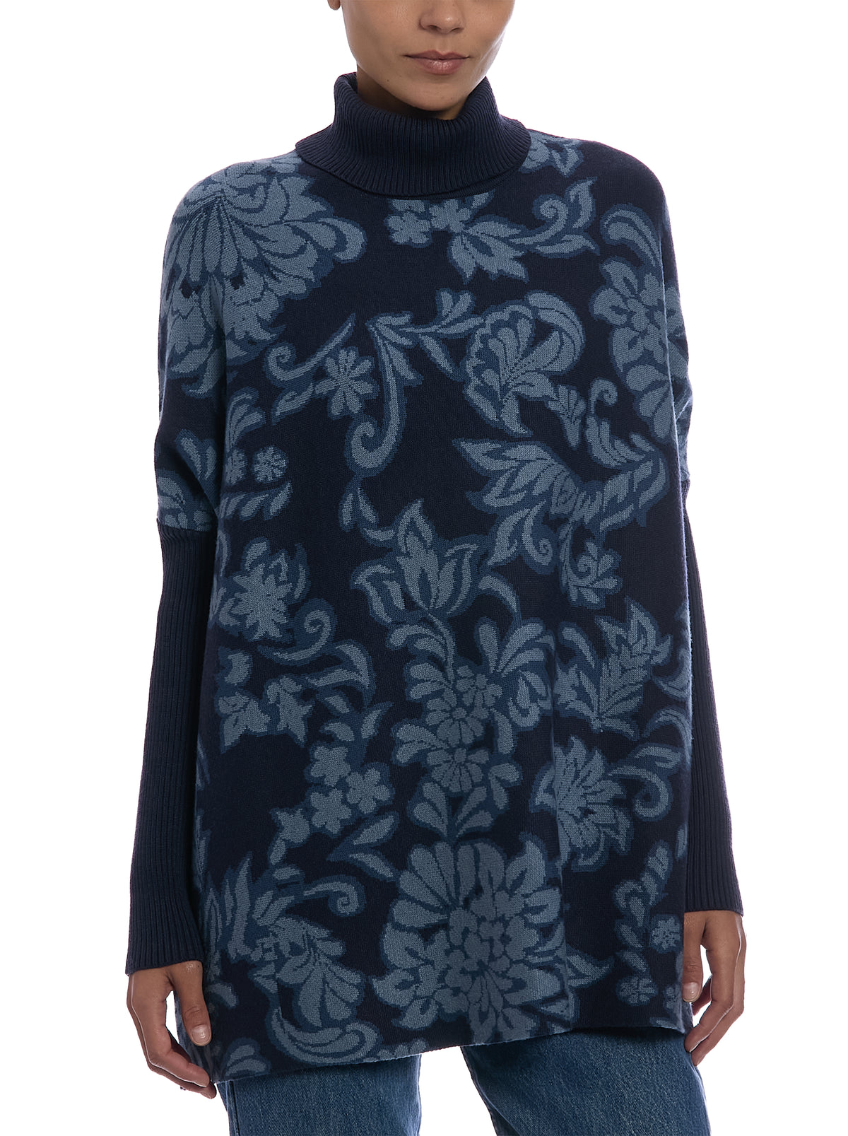 Jacquard Paisley Turtleneck Poncho in Paisley Denim, front view