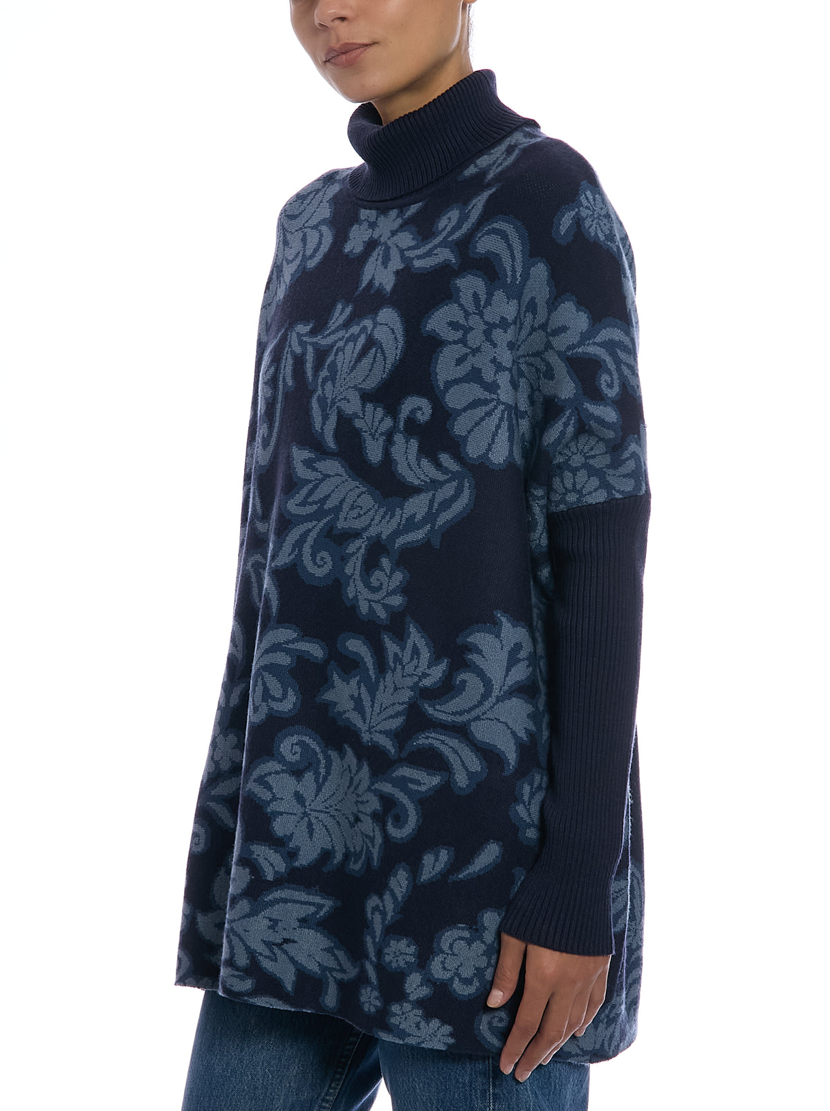 Jacquard Paisley Turtleneck Poncho in Paisley Denim, side view, three-quarter