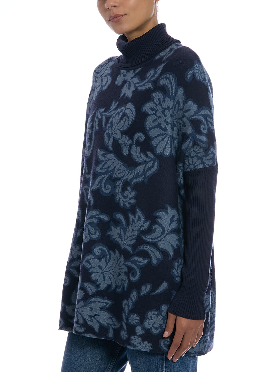 Jacquard Paisley Turtleneck Poncho in Paisley Denim, side view, three-quarter