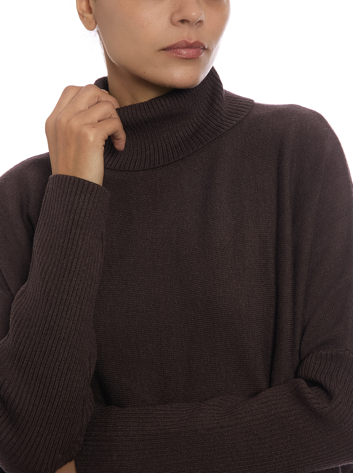 Turtleneck Sweater in Chocolate Plum, neckline detail
