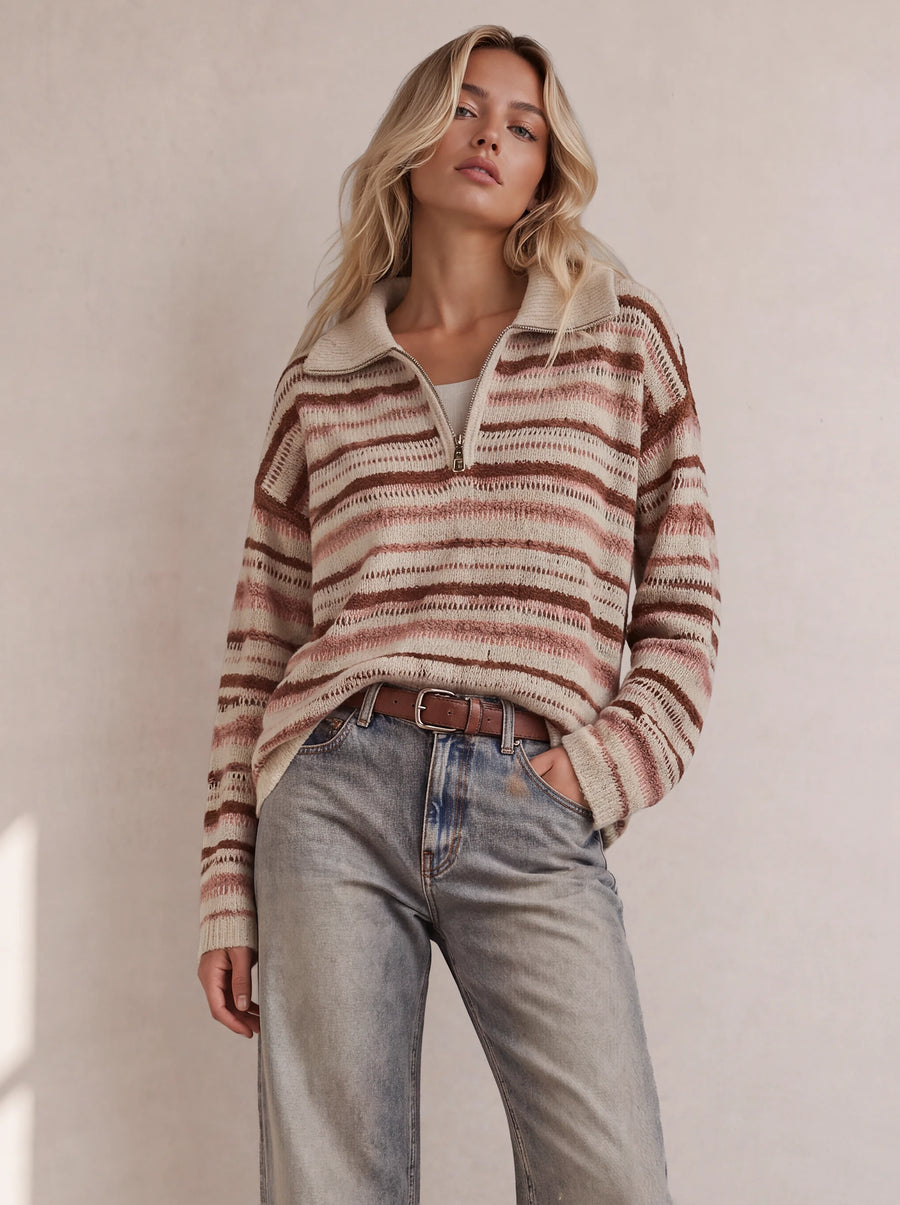 Novelty Quarter Zip Sweater in Oatmeal Heather Combo, lifestyle view