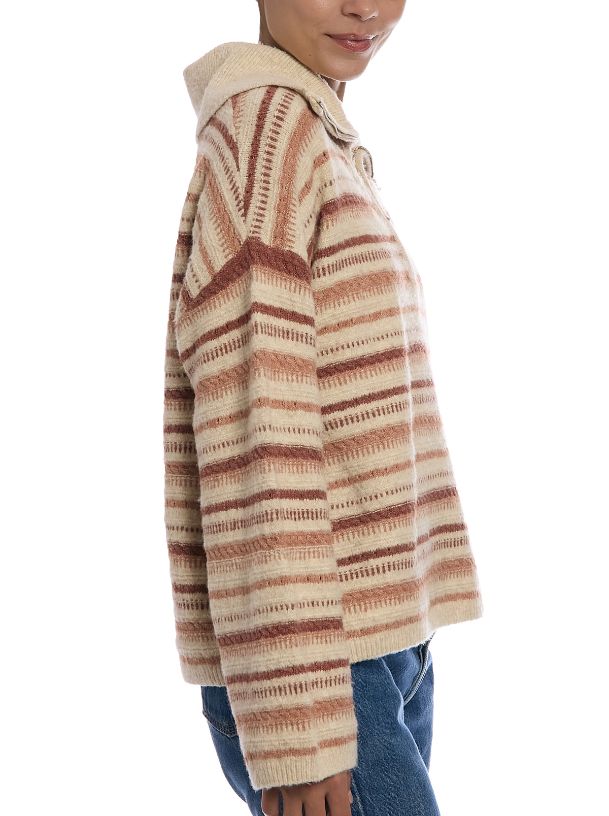 Novelty Quarter Zip Sweater in Oatmeal Heather Combo, side view