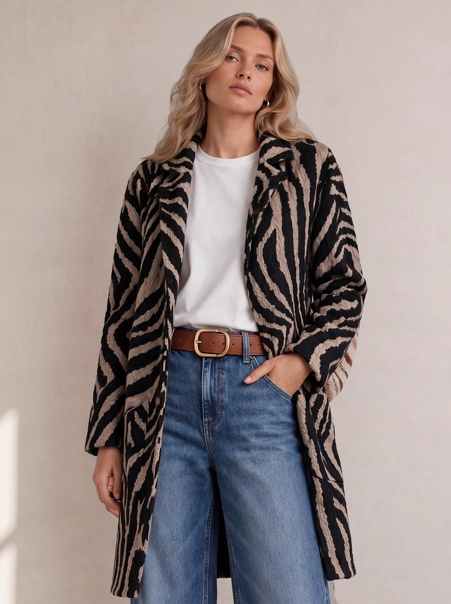 Zebra Eyelash Sweater in Zebra Camel, lifestyle view