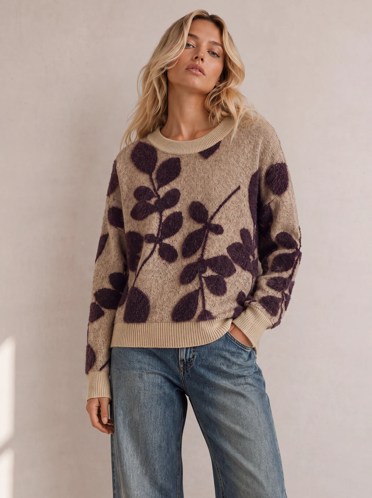 Eyelash Foliage Sweater in Camel Heather/Fig, lifestyle view