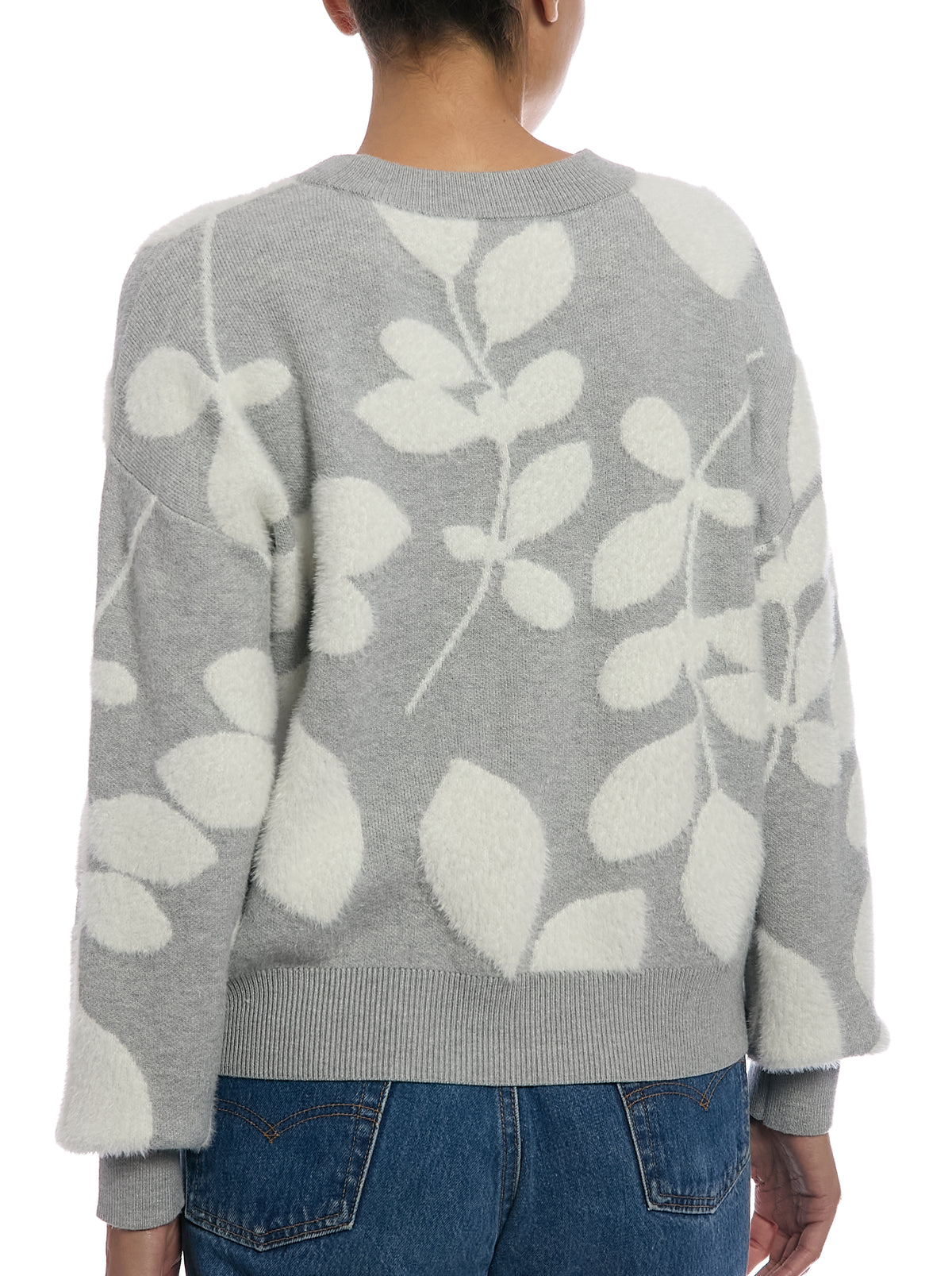 Eyelash Foliage Sweater in Light Heather Grey/Egret, back view
