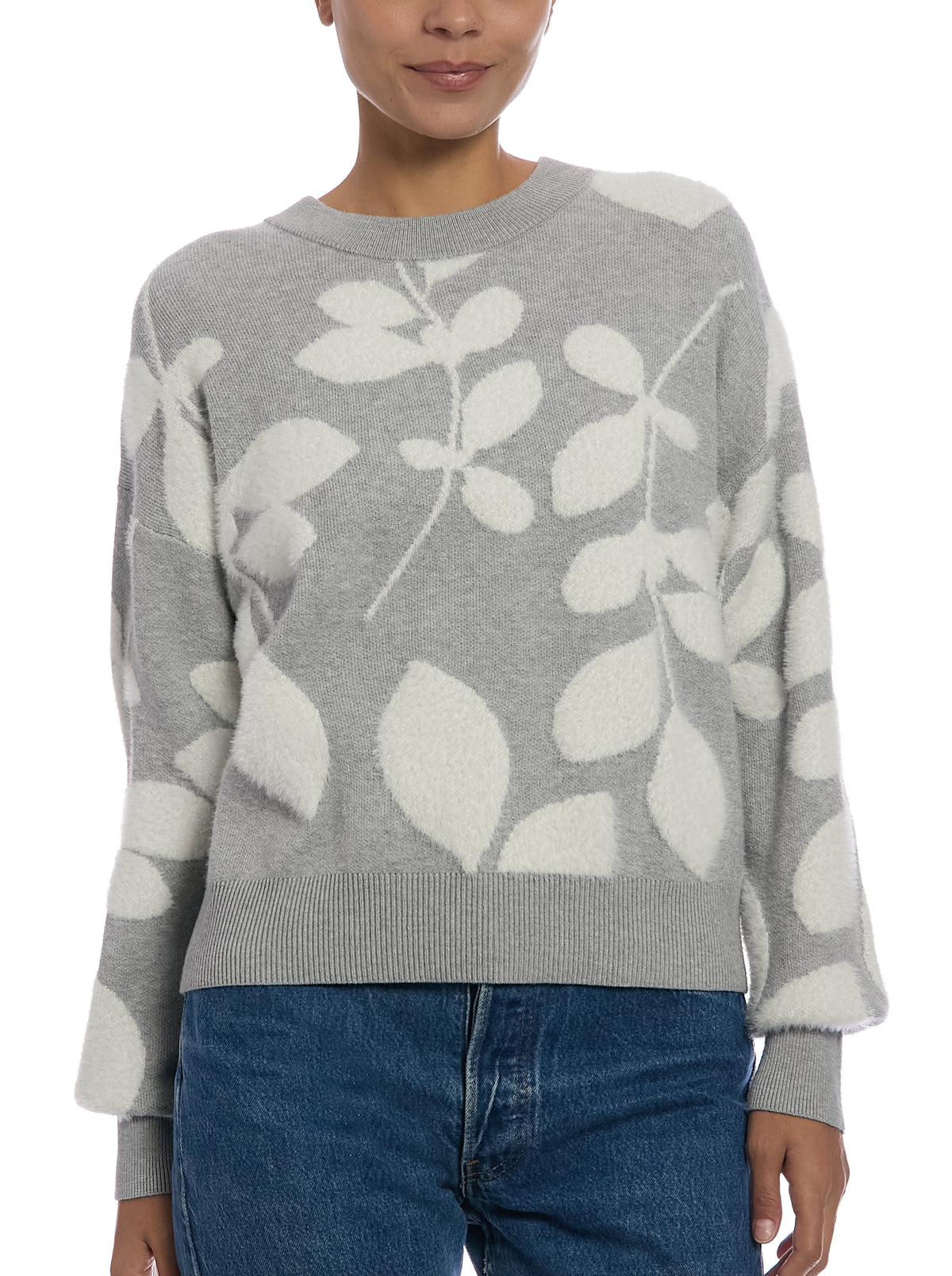 Eyelash Foliage Sweater in Light Heather Grey/Egret, front view