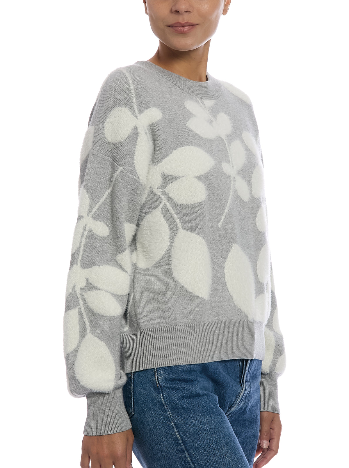 Eyelash Foliage Sweater in Light Heather Grey/Egret, side view, three-quarter