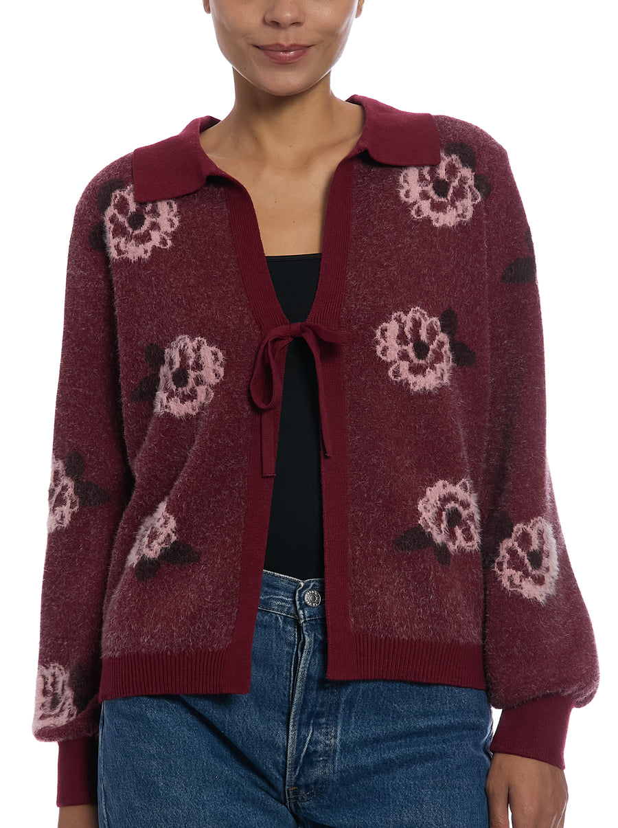 Tie Front Floral Cardigan in Merlot Floral Combo, front view