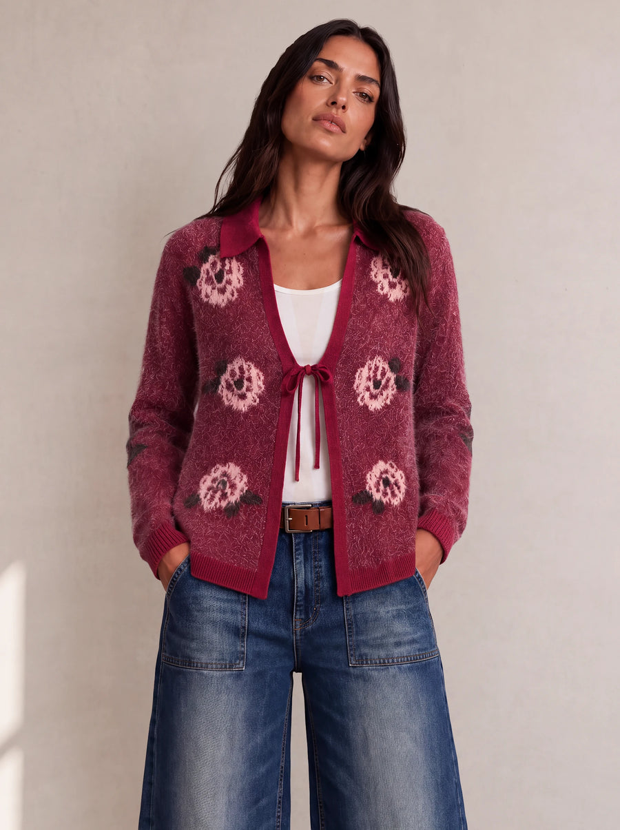 Tie Front Floral Cardigan in Merlot Floral Combo, lifestyle view