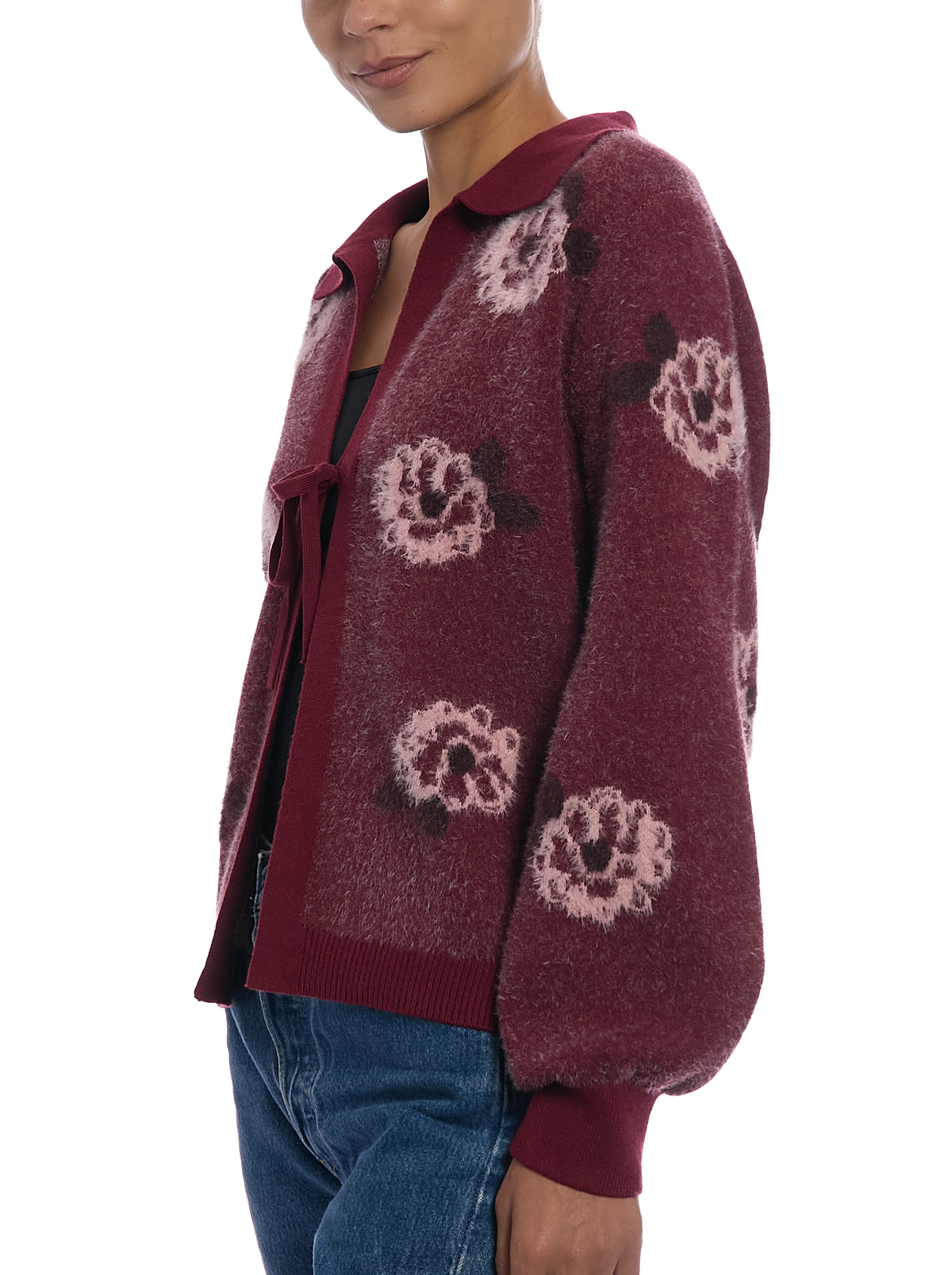 Tie Front Floral Cardigan in Merlot Floral Combo, side view