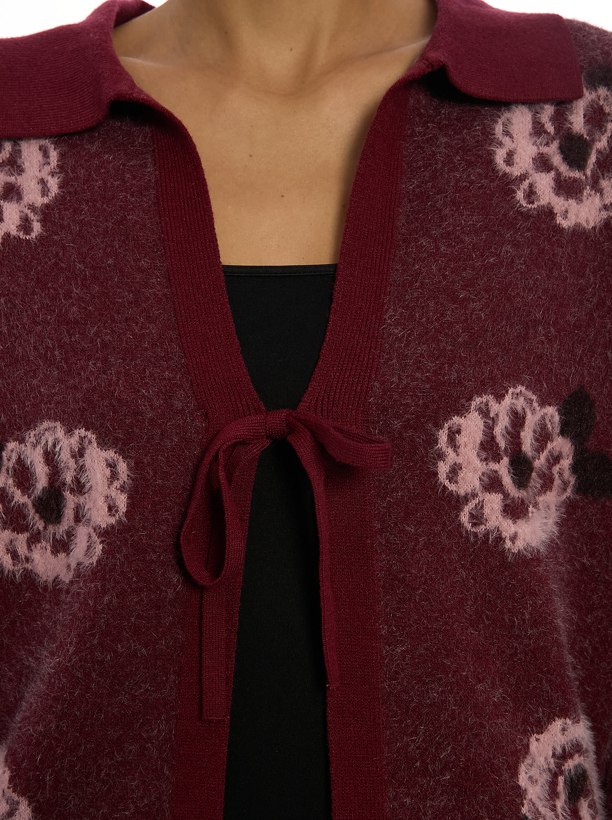 Tie Front Floral Cardigan in Merlot Floral Combo, tie front detail