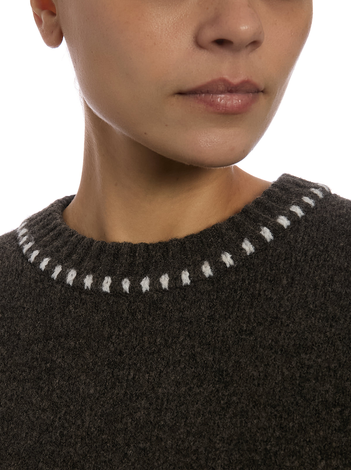 Whipstitch Pullover Sweater in Bracken Brown/Egret, neckline detail