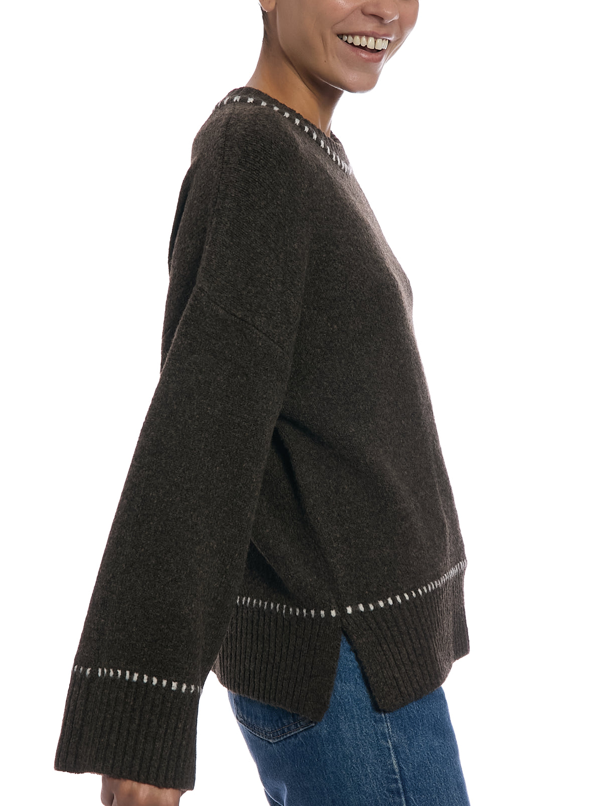 Whipstitch Pullover Sweater in Bracken Brown/Egret, side view