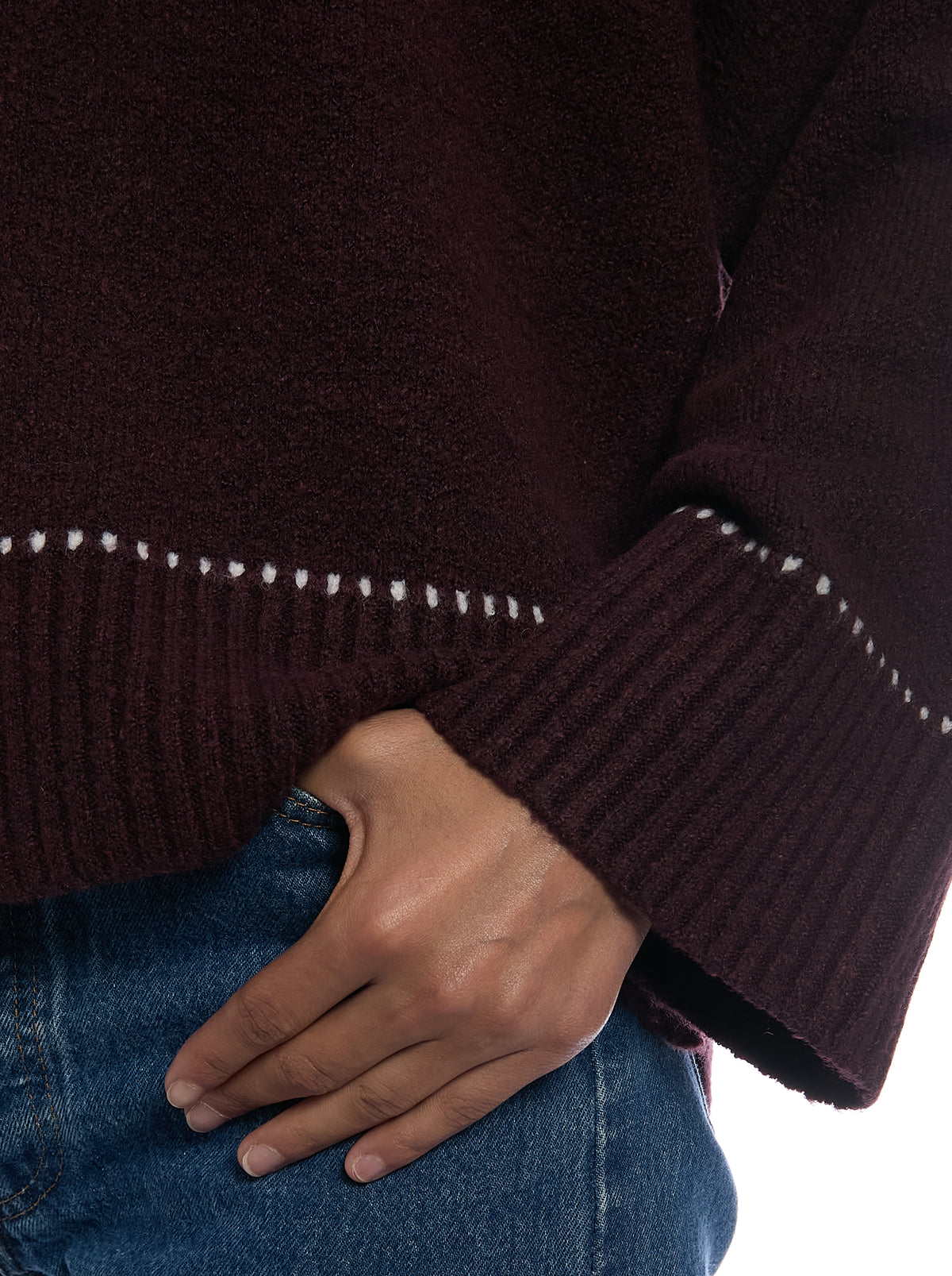 Whipstitch Pullover Sweater in Fig/Egret, cuff detail