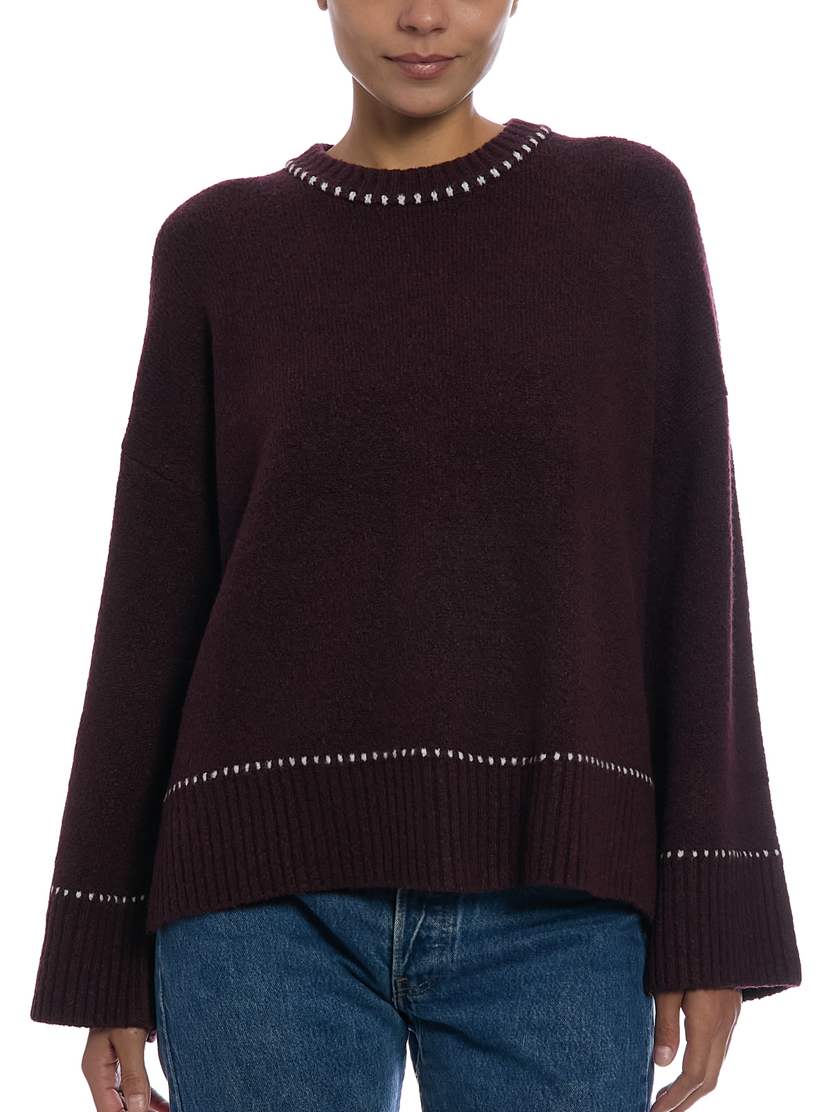 Whipstitch Pullover Sweater in Fig/Egret, front view