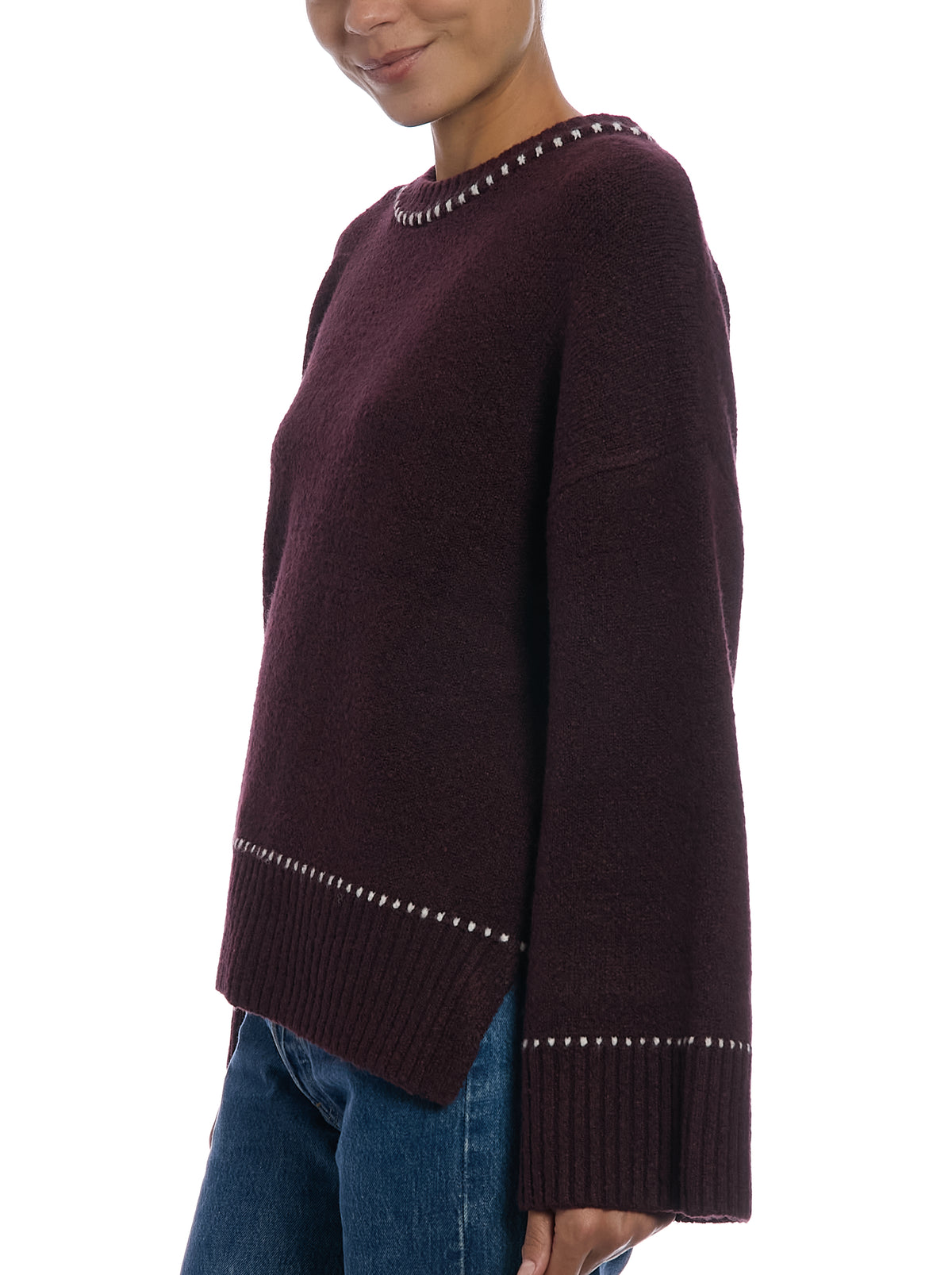 Whipstitch Pullover Sweater in Fig/Egret, side view