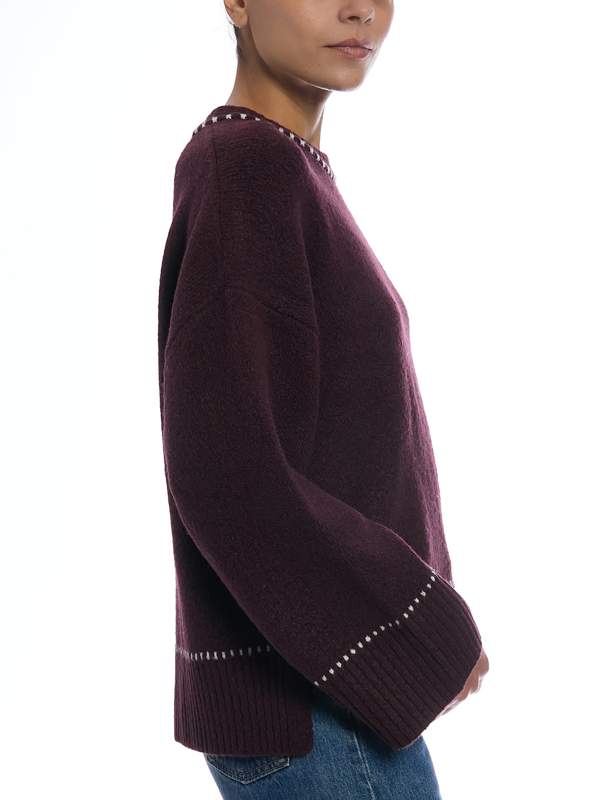 Whipstitch Pullover Sweater in Fig/Egret, side view