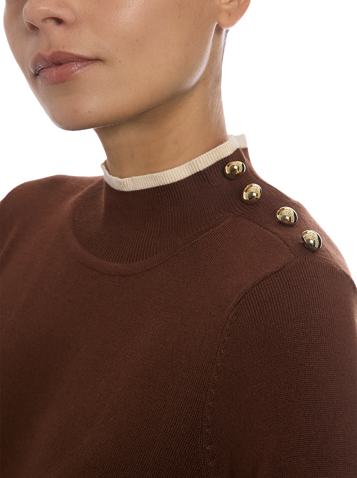 Long Sleeve Sweater in Cappuccino/Oatmeal, neckline and button detail