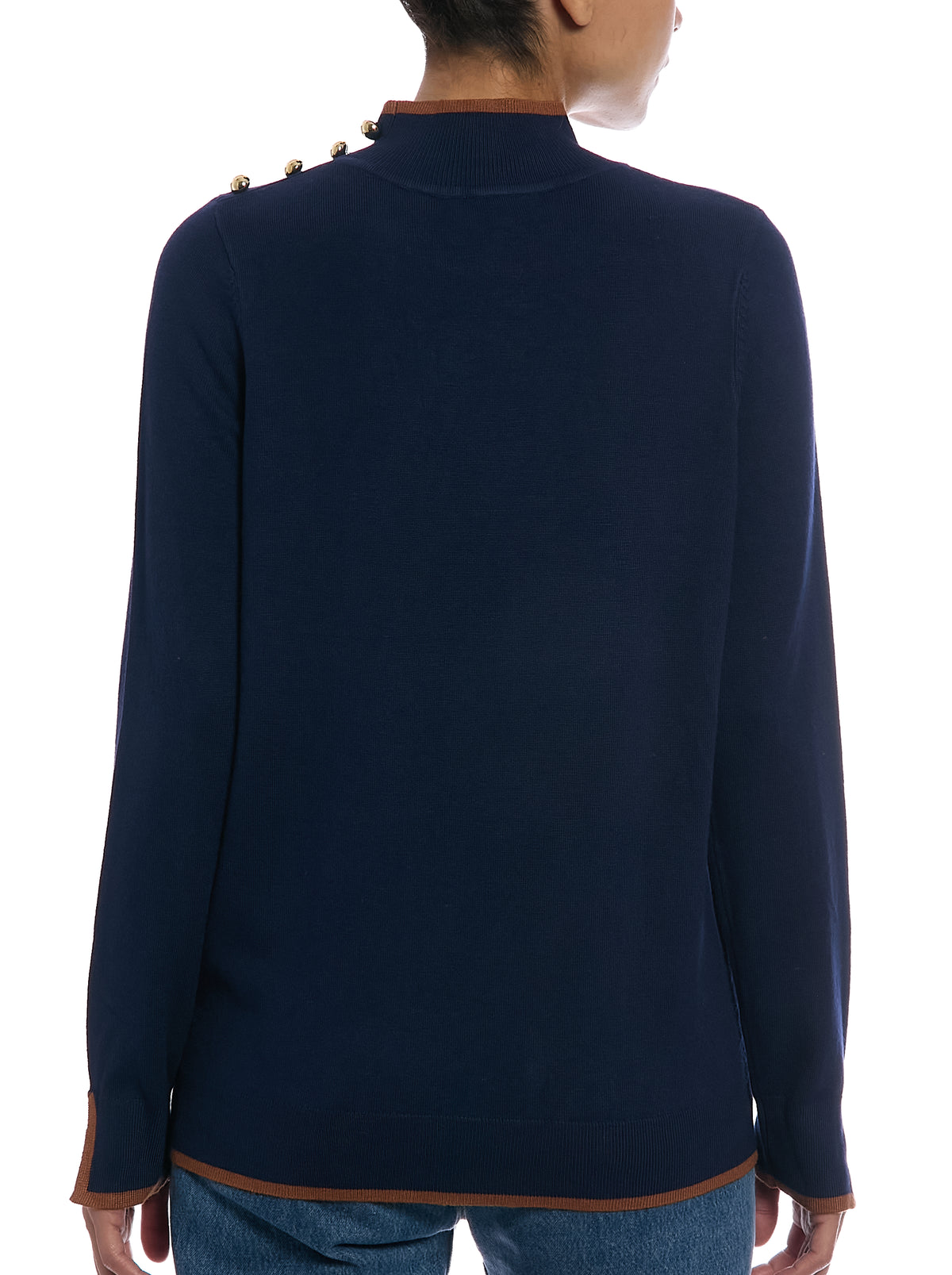 Long Sleeve Sweater in Navy Yard/Mocha Bisque, back view