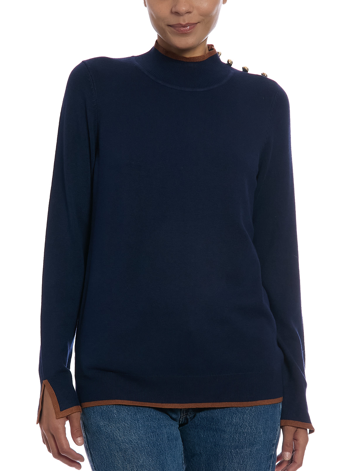 Long Sleeve Sweater in Navy Yard/Mocha Bisque, front view