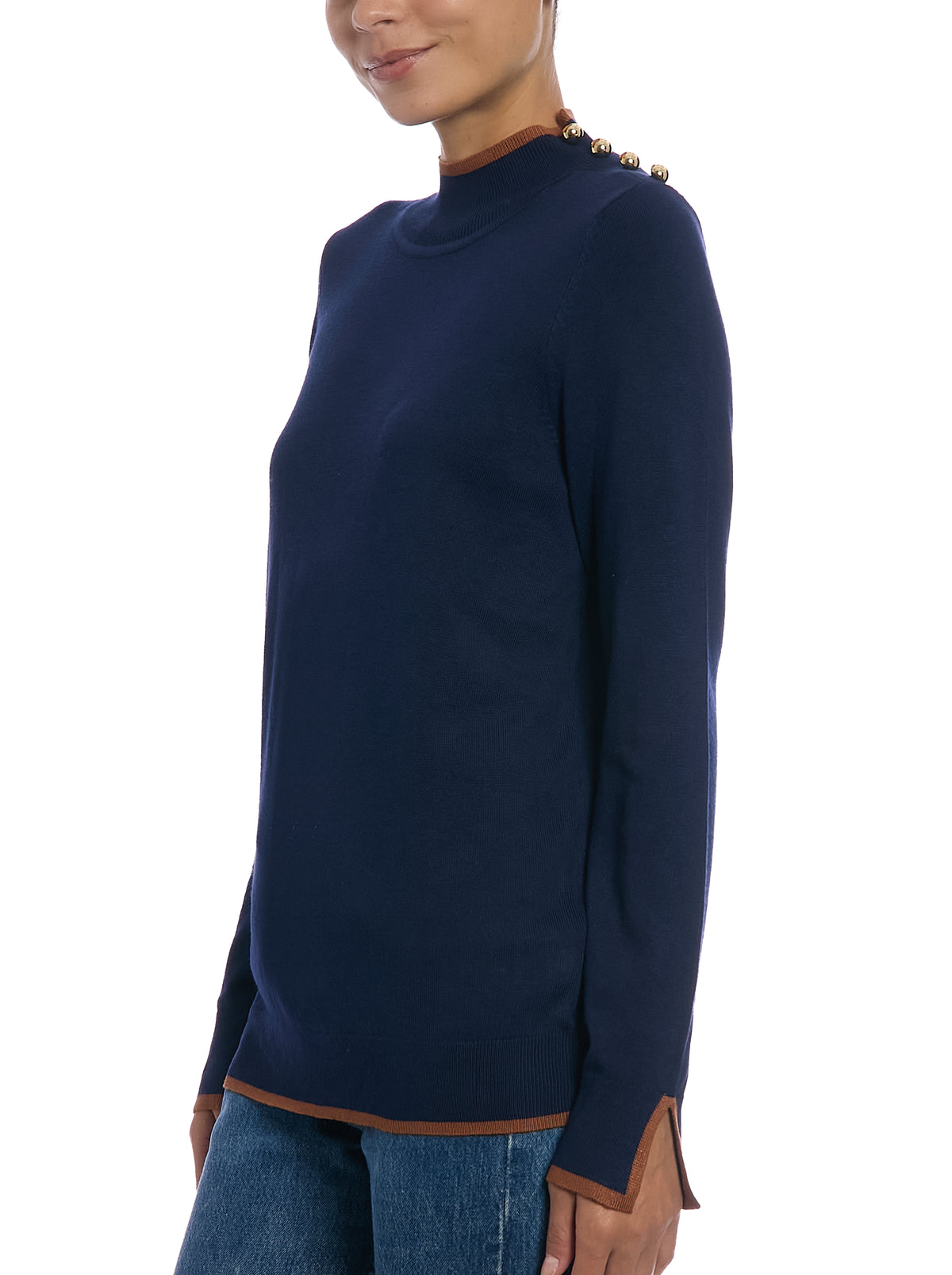 Long Sleeve Sweater in Navy Yard/Mocha Bisque, side view